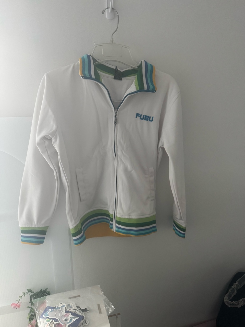 FUBU White Zip-Up Jacket with Green & Blue Stripes youth size 8/10